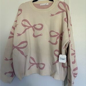 Altar'd State XL Cream and Pink Crew Neck Sweater with Bow Pattern